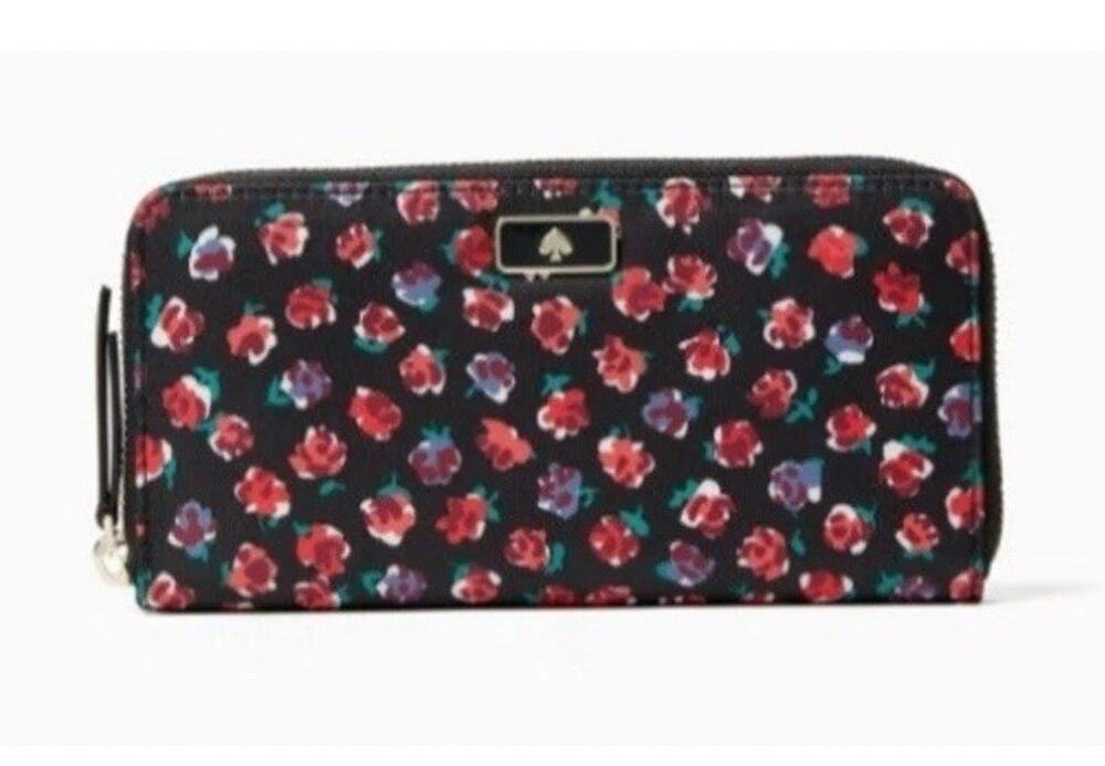 Kate Spade Dawn Roses Floral Red Purple Black Zip Around Wallet Black Clutch